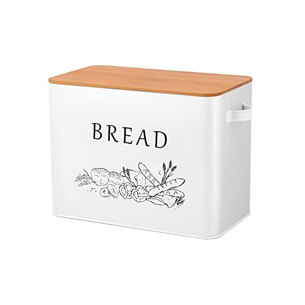 TeamFar Bread Box with Wooden Lid, 13.1” x 7.2” x 9.7” Metal Bread Container Storage Holder for Family Farmhouse Kitchen Countertop, Powder-Coated & Healthy, Large Capacity & Classic Pattern (White)