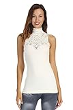 Disbest Women's Tank Tops, Lace Hollow High Neck Sleeveless Stretch Casual Sweater T-Shirt,Cream White,S/US 4