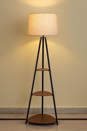 Image of Floor Lamp with Storage Shelves, Tripod Design, Black Metal Frame, Wooden Accents, Beige Fabric Shade, for Living Room, Bedroom, Office