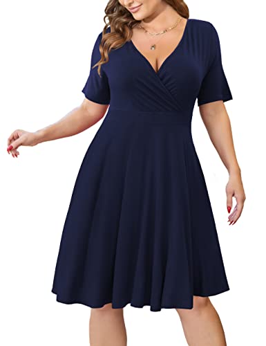 Image of Ahlaray Plus Size Faux Wrap Dress for Curvy Women with Pockets | Flattering faux wrap V-neck with soft stretch fabric and pockets for work, weddings and everyday comfort.