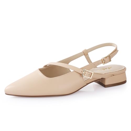 Ankis Zapatos planos para mujer, tacones bajos de 2,5 cm, puntera cerrada, puntiaguda, correa al tobillo, zapatos cómodos para caminar, bodas, fiestas, albaricoque poliuretano, 38.5 EU