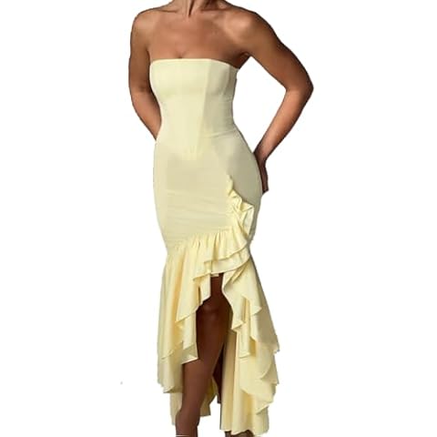 Womens Ruffled Strapless Mermaid Dress Maxi Tube Bodycon Y2K Party Cocktail Hi-Low Dresses (US, Alpha, Small, Regular, Regular, Yellow) Cover