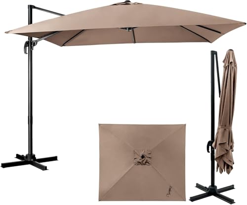 GOPLUS Sombrilla Terraza Exterior, 3x3 m, Parasol Voladizo con Toldo Inclinable de Doble Capa, Manivela, 8 Varillas, Rotación de 360°, Protección UV, para Balcón (sin Base y LED, Marrón, 3 M)