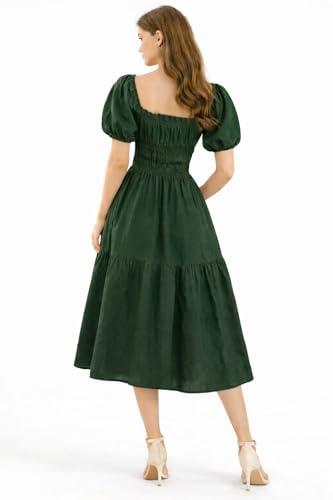 Image of BOOSTY Women's Puff Sleeve Smocked Midi Dress, Square Neck A-Line Dress
