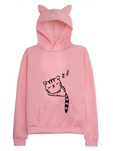 RGOSME Cat Hoodie for Women Hoodies for Teen Girls Cute Sleeping Cat Printed Long Sleeve Pullover Sweatshirt (Pink,M)