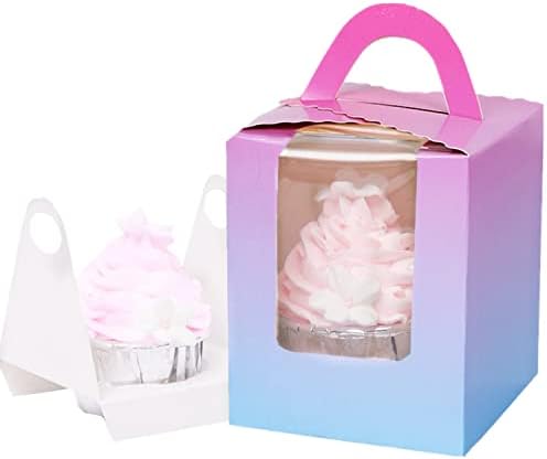 Gbateri 60 Pieces Individual Cupcake Boxes with Insert and Clear Window, Brown Kraft Single Cupcake Boxes Cupcake Carrier with Handle Cupcake Container Bakery Boxes Mini Cake Boxes Treat Gift Boxes
