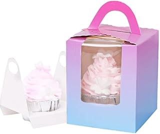 Gbateri 60 Pieces Single Cupcake Boxes Cupcake Carrier with Window & Insert and Handle, Individual Cupcake Box Bakery Boxes Treat Gift Boxes Mini Cavity Cake Boxes, Muffins Containers (Rainbow)