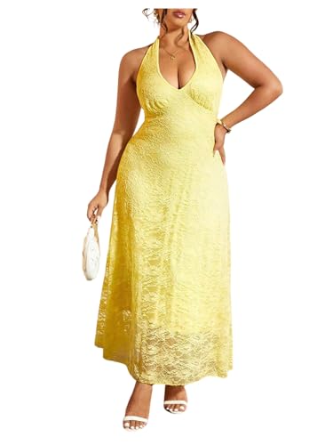 Women's Plus Size Lace Halter Dress Y2k Deep V Neck Tie Backless Sleeveless Maxi Dresses