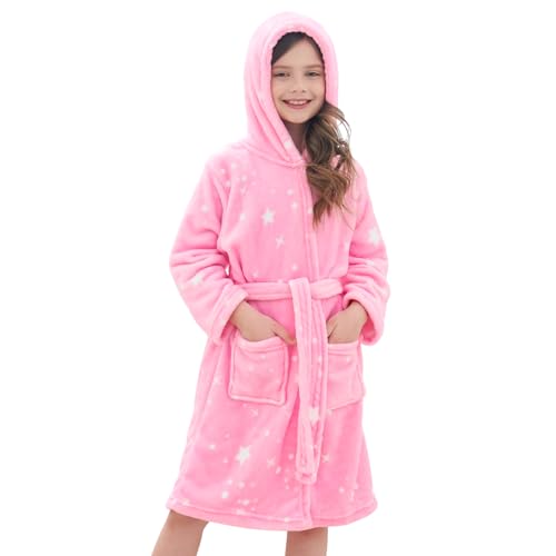Piefry Weicher Bademantel mit Kapuze für Mädchen Fleece Morgenmantel Nachtwäsche Kinder (Rosensterne, 10-11 Jahre)