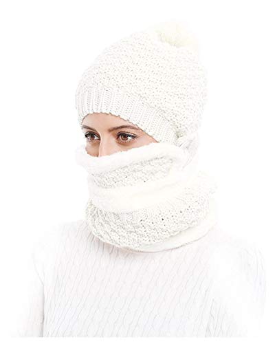 Bellady Winter Beanie Hat Scarf and Mask Set for Women, Thick Warm Slouchy Knit Fleece Lined Skull Knit Cap Scarf Mouth Mask 3 Pieces, White, One size