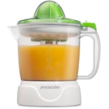 Proctor Silex Electric Citrus Juicer Machine, Large 34 oz. Pitcher, Pressure Activated, 2 Reamers for Big and Small Fruit, Pulp Control, for Orange, Lemon, Grapefruit Juice, White & Green 66340