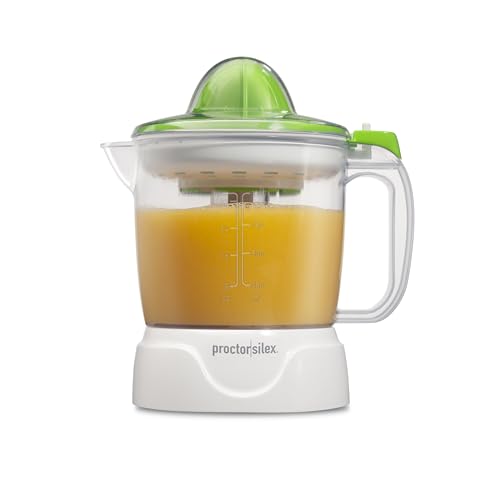 Comparison: Best Juicer For Oranges 7 Proctor Silex Electric Citrus Juicer Machine, Large 34 oz. Pitcher, Pressure Activated, 2 Reamers for Big and Small Fruit, Pulp Control, for Orange, Lemon, Grapefruit Juice, White & Green (66340)