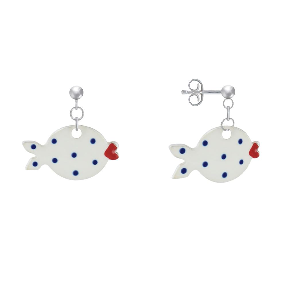 Boucles d'Oreilles Argent 925 Petit Poisson Émaillé Puces d'Oreilles Pois - 7