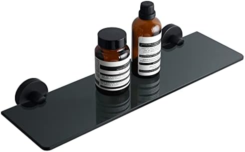 Mooche Bathroom Shelf Tempered Black Glass Shelves Rectangular Shower Shelf 15 Inches, with 304 Stainless Steel Black Shelf Bracket, GDL5380-B