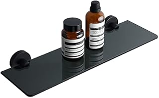 Mooche Bathroom Shelf Tempered Black Glass Shelves Rectangular Shower Shelf 15 Inches, with 304 Stainless Steel Black Shelf Bracket, GDL5380-B