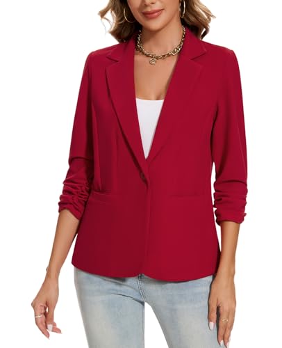 MINTLIMIT Blazer for Women One Button Notched Lapel Suit Jackets Lightweight Pocketed Ruched 3/4 Sleeve Blazer for Bussiness Casual,Red,L4