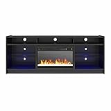 Ameriwood Home Luna Fireplace TV Stand for TVs up to 65 Inch, Replaceable Electric Fireplace Insert Heater, Remote Control, Timer, Color Changing LED Lights, Crystal Ember Flames, Black Oak