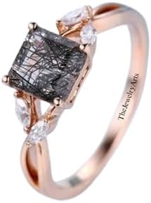 Genuine Black Rutilated Quartz Ring – Square Cut Rutile Engagement Ring in Sterling Silver, Elegant Gemstone Jewelry for Women