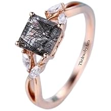 Genuine Black Rutilated Quartz Ring Square Cut Rutile Engagement Ring in Sterling Silver, Elegant Gemstone Jewelry for Women