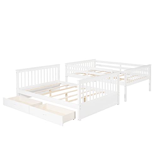 Harper & Bright Designs Full Over Full Bunk Bed With 2 Drawers, Solid Wood Platform Bed With Ladder, Full Length Guardrail And Headboard, No Spring Box Needed, White #TOP11