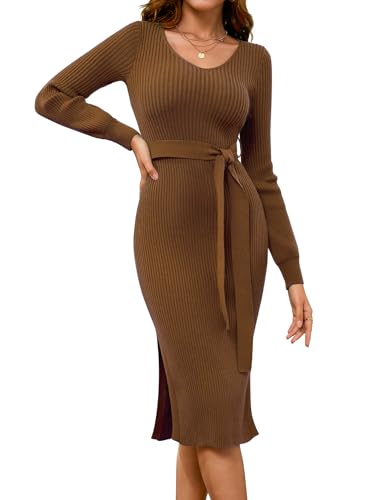 Dressystar Women's Fall Ribbed Knit Sweater Dress V Neck Long Sleeve Tie Waist Slim Fit Bodycon Midi Dress