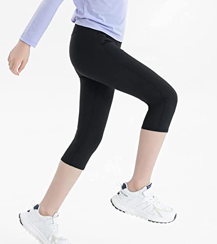 Tagihoo Girls Capri Yoga Pants Kids Athletic Dance Sport Workout Cropped Leggings With Pocket (Gray+Black,140) #TOP3