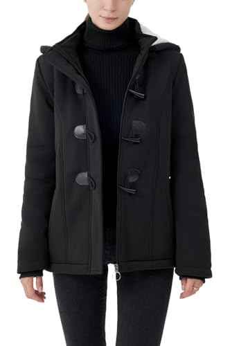 JiangWu Women's Fashion Sherpa Fleece Thickened Horn Button Hooded Jacket Winter Warm Slim Coat