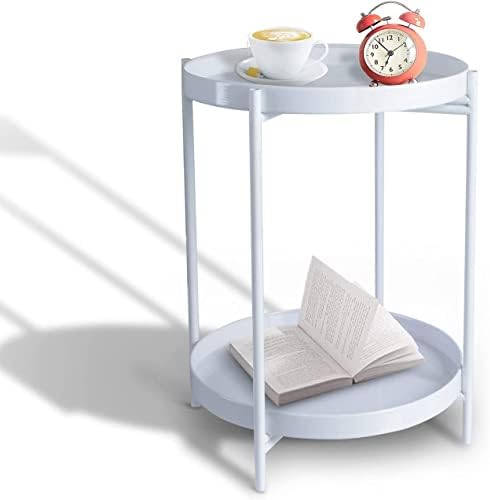 Toolzia White Round Small Side Table, 2-Tier Round Tray Metal End Table Coffee End Table With Removable Tray Storage Rack,Nightstand For Living Room Bedroom Balcony Tea Table