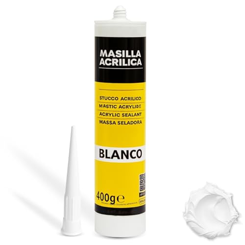 Masilla Acrílica Blanca, Ideal adherencia sobre soportes absorbentes, secos y limpios, Masilla lista al uso, Rellenadora de agujeros, Formato cartucho para pistola, Color Blanco, Contiene 400 gramos