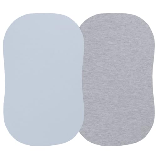 Image of 100% Organic Cotton Bassinet Sheets Compatiable with Halo Bassinest Swivel Sleeper, Jersey Knit Fitted Sheets for Baby Boys and Girls, 2 Pack, Grey and Pastel Blue
