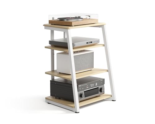 FITUEYES DESIGN 4-poziomowy stojak na media AV, drewniany stojak na telewizor, komponent, szafka, stojak stereo, wieża audio z regulacją wysokości, drewniane półki, do Apple TV/Xbox One, ps4, orzech włoski