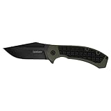 Kershaw Faultine Pocketknife (8760); 3-Inch 8Cr13MoV Blade; Black Oxide Coating; Olive Handle with Black Rubber Overmold; KVT Manual Open; Liner Lock; Single Position Deep Carry Pocketclip; 3.9 oz