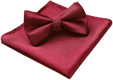HISDERN Bow Tie for Men Solid Color Pre-tied Bow Tie Adjustable Tuxedo Two Layer Bow Tie and Pocket Square Set with Gift Box