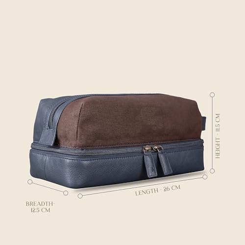 Image of Handcuffs Genuine Leather Canvas Toiletry Bag for Men, Shaving Kit Bag, Portable Travel Organizer, Pouch for Travelling - Navy Brown
