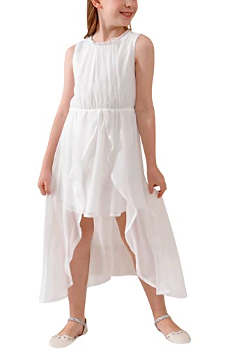 Gorlya Girls Sleeveless Ruffle Neck Hi-Lo Hem Overlay Formal Occasin Chiffon Long Party Dress 4-14T(Gor1154,14Y,White) #TOP27