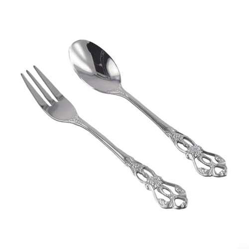 Ehlivhall Vintage Gold Spoon and Fork Set Embossed Stainless Steel Cutlery for Dessert Coffee Ice Cream Retro Hollow Tableware for Home Party Photo Props 1 Pair(silver)