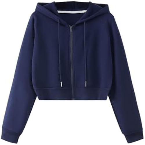 SweatyRocks Women's Long Sleeve Drawstring Full Zip Cropped Hooded Jacket