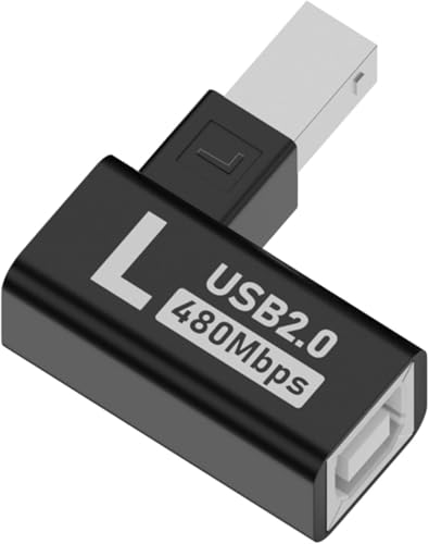 Image of ETZIN 90Angle USB B Male to B Female Adapter Extender USB2.0 Type B Left Angle Printer Connector MIDI Plug, Aluminium Hull, for Printer Scanner Electric Piano Mixer, (Left Bend) EPL-1580CC