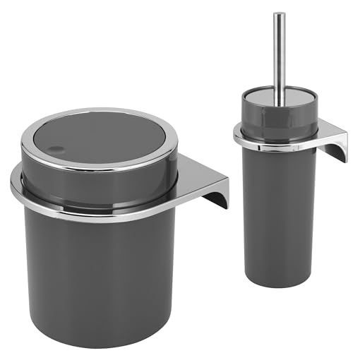 bremermann Savona, Set da 2 Pezzi, Secchio cosmetico da 5,5 Litri e scopino WC con Supporto a Parete, Rotondo (Grigio)