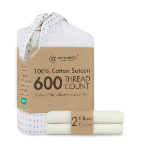 Threadmill 600 Thread Count Cotton King Pillowcases, Sateen, Ivory, 2-Pack
