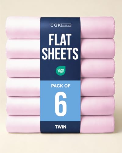Twin Size Flat Sheet - Pack of 6 Top Flat Bed Sheet Only - Light Pink