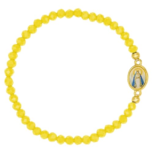 Catholic Town elastic Bracelet with Virgen de la Caridad del Cobre medal and 4mm beads (Available colors: Blue, Brown, Clear, Red, White, Yellow)