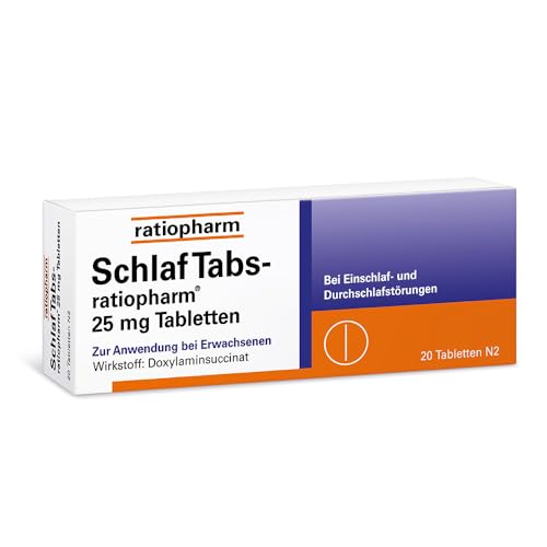 SchlafTabs-ratiopharm 25 mg Tabletten: rezeptfreie Hilfe bei Schlafstörungen mit dem Wirkstoff Doxylaminsuccinat. Unterstützt das Einschlafen und fördert das Durchschlafen 20 Tabletten