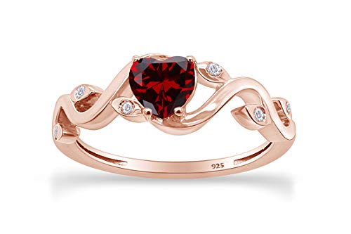 Jewelry Gifts Heart Simulated Garnet & Natural Diamond Accent Leaf Heart Promise Engagement Wedding Ring 14k Rose Gold Over Sterling Silver Gifts for Women's Ring Size-6 -  AFFY, MNo-CSR-282202014-RSL-GAR-6