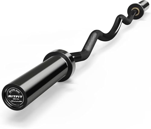 RitFit 2 Inch EZ Curl Bar with Weights, 700LBS Weight Capacity Olympic Curl Barbell for Bicep, Tricep and Weight Lifting Exercises (Full Black with Collar)