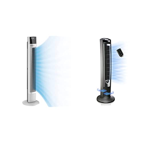 Lasko Compatible With Alexa Oscillating Tower Fan, Voice Controlled, 4 Quiet Speeds, Sleep Mode, Timer, Bedroom, Living Room, 48'', White, T48401 & Portable Electric 42'' Oscillating Tower Fan #TOP10
