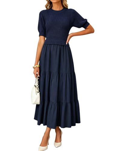 Huaqiao Womens Crew Neck Sweater Dress Tiered Ruffle Maxi Dress(Navy-M)