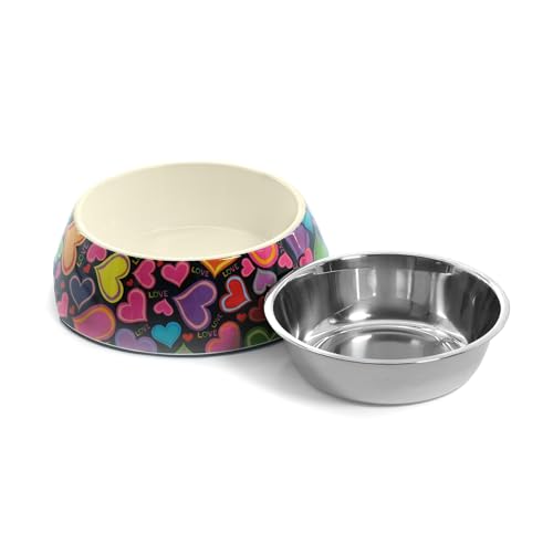 Record Jolie gamelle pour Chien et Chat - en Acier Inoxydable et mélamine - avec Patins antidérapants en Caoutchouc - Dimensions : diamètre 17,5 cm - Capacité 350 ML - Motif cœurs Multicolores – vue 4