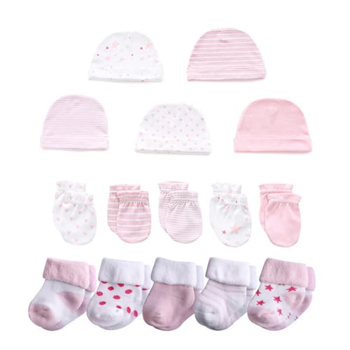15 Pieces Newborn Cap Mitten Sock, Newborn Hats, Baby Mittens Gloves Infant Socks for 0-6 Months Unisex Baby Boys Girls, Type 2
