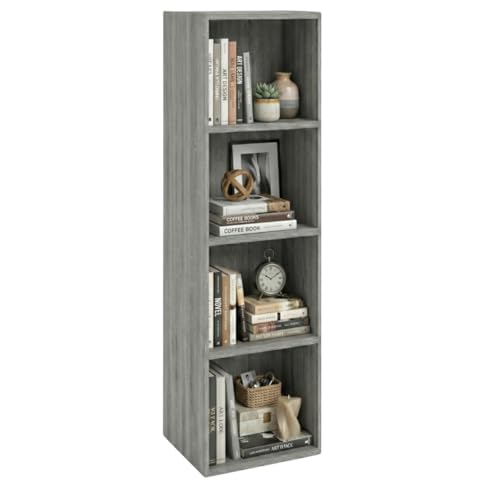 MAKA Libreria da Terra in Legno, Libreria Verticale Salvaspazio con Ripiani, Scaffale Moderno da Parete per Soggiorno, Ufficio e Camera, Mobile con Ripiani (Grigio, 4 Ripiani)